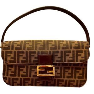 Fendi FF Tobacco Zucca Baguette Shoulder Bag  Canvas Leather SHW Authentic CoA